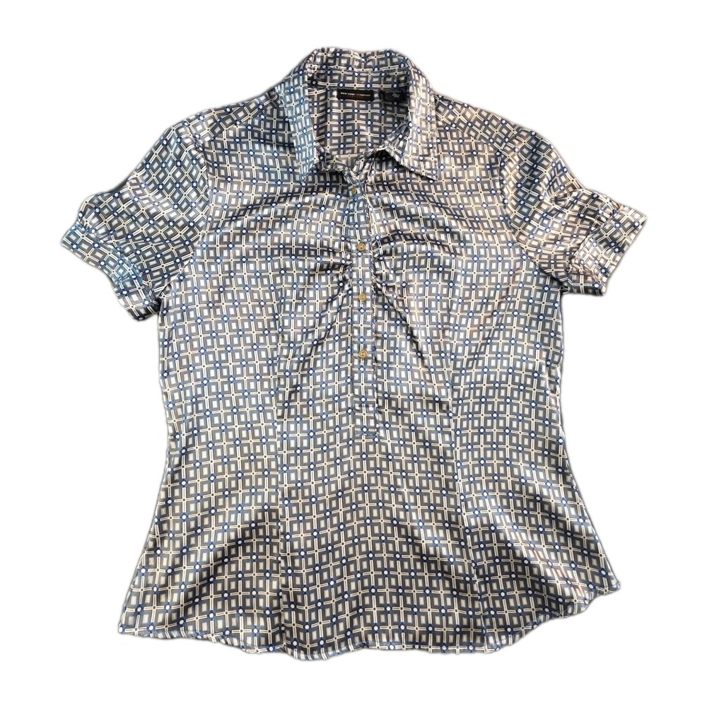 New York & Co. Size L Multi-color Short Sleeve Satin Blouse Geometric
